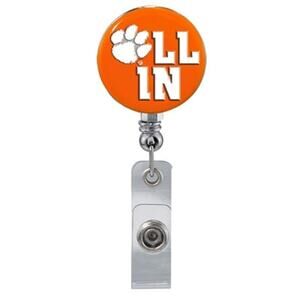 Clemson Tigers Orange "ALL IN" Retractable Work ID Badge Reel Holder. NCAA